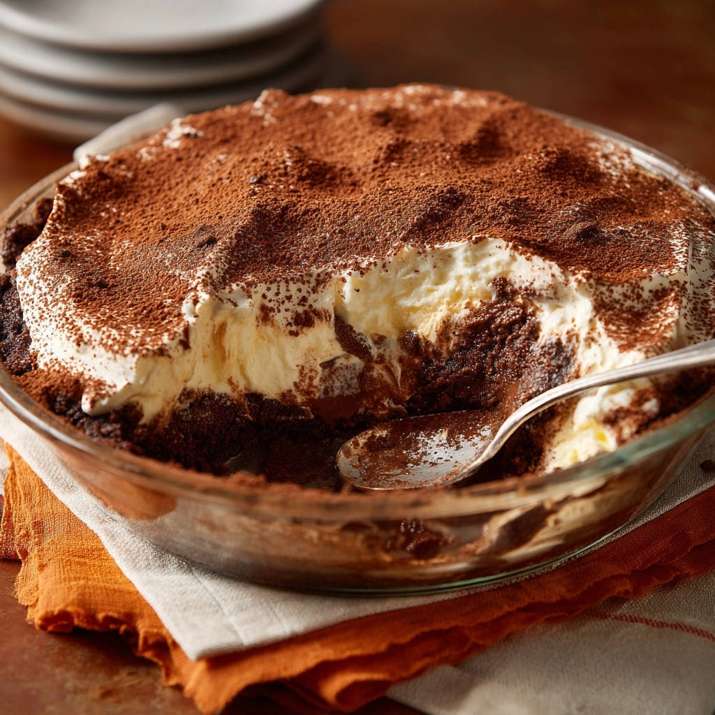 Sahniges Schoko-Schichtdessert im Anschnitt mit einem Löffel darin, das die cremige Textur zeigt.