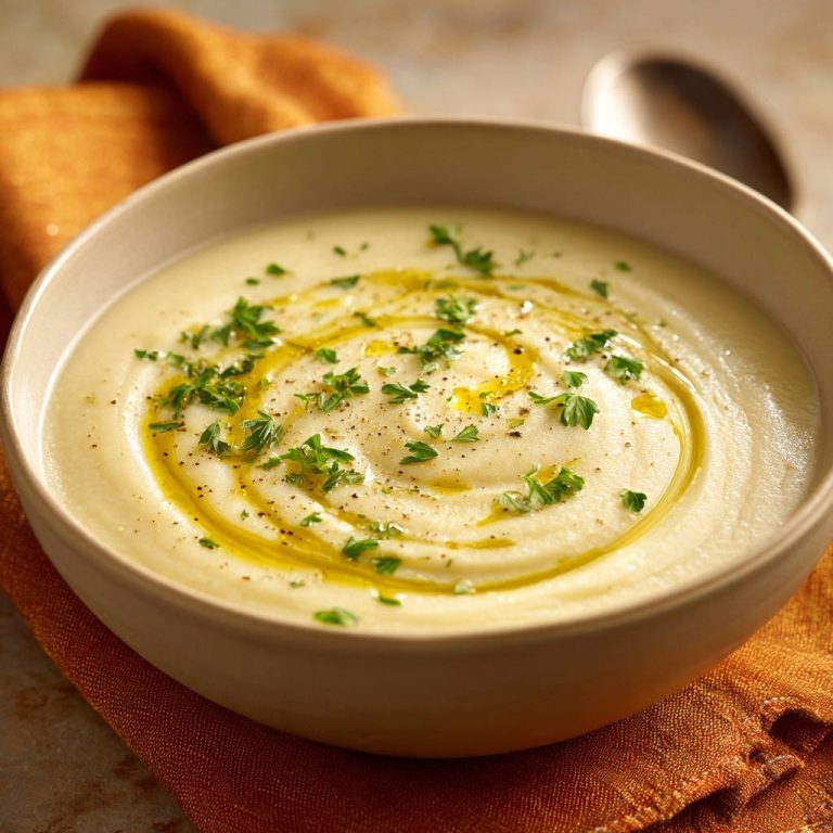 Samtige Blumenkohlsuppe mit einem Swirl aus Olivenöl und frischer Petersilie garniert, nahaufnahme