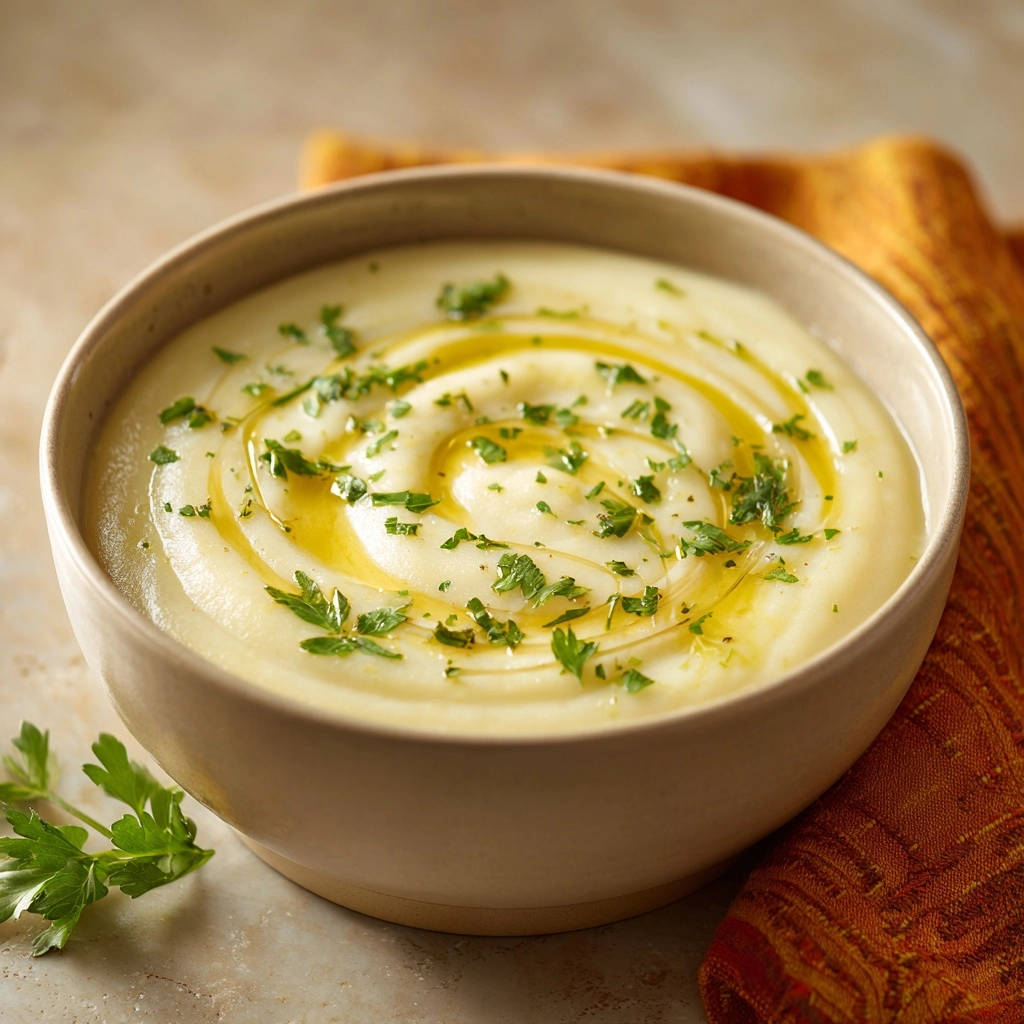 Samtige Blumenkohlsuppe, kunstvoll garniert mit frischen Kräutern und einem Swirl aus Olivenöl.