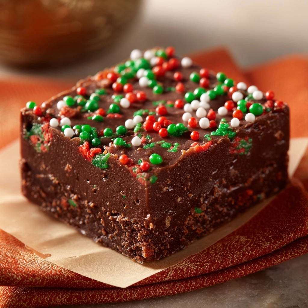 Saftige Schoko-Brownies mit bunter Deko als Nahaufnahme mit detailreicher Textur und Dekoration.