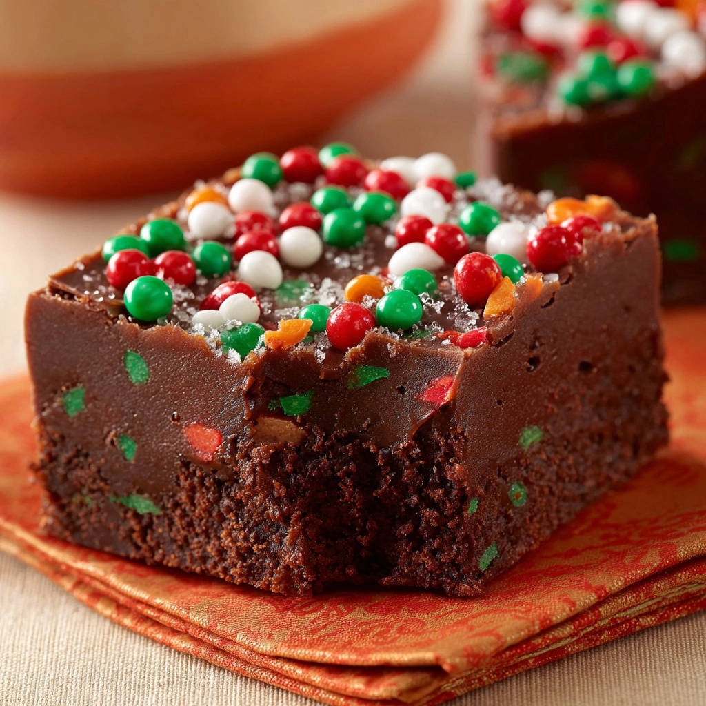 Saftige Schoko-Brownies mit bunter Deko, Nahaufnahme der fudgy Textur mit Zuckerstreusel und bunten Perlen.