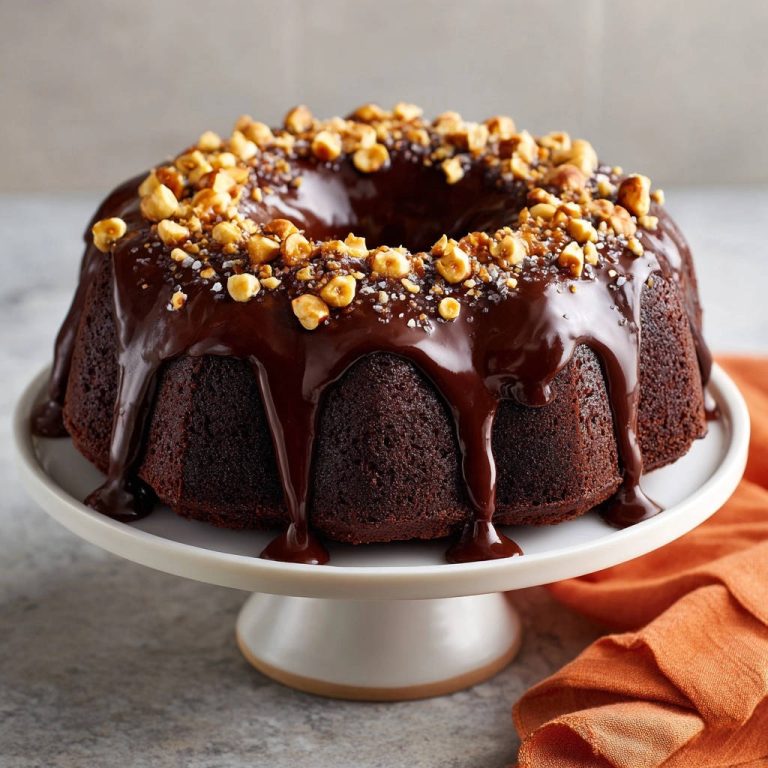 Schoko-Haselnuss Gugelhupf glasiert mit Schokolade und Haselnüssen, serviert auf einem Kuchenständer