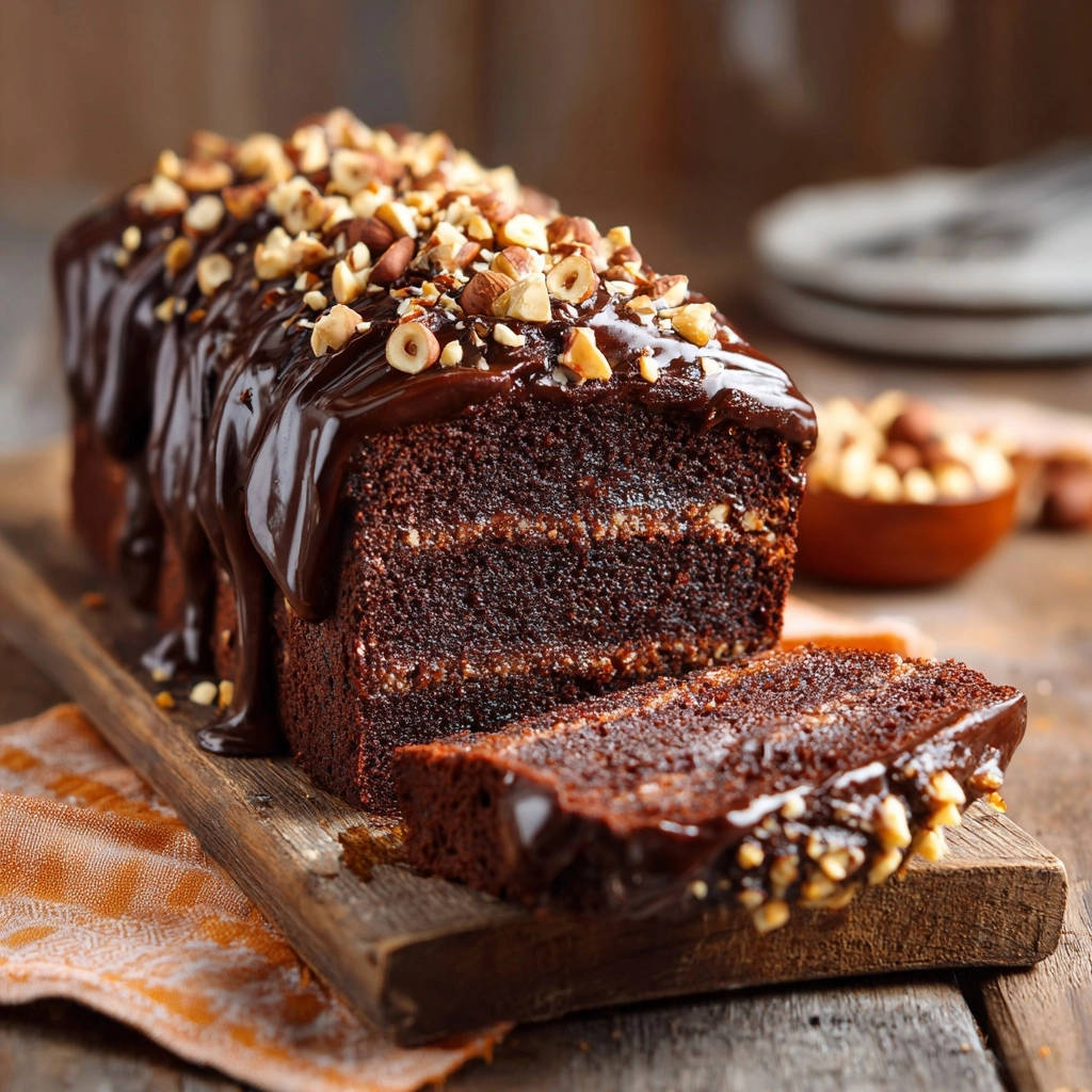 Schoko-Karamell-Kuchen mit Haselnüssen angeschnitten zeigt eine saftige Schokoladenschicht mit Karamellfüllung und gehackten Nüssen.