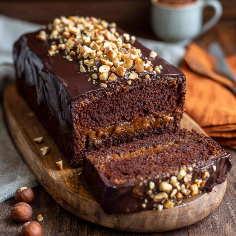 Schoko-Karamell-Kuchen mit Haselnüssen, angeschnitten mit saftigem Karamellkern auf einem Holzbrett