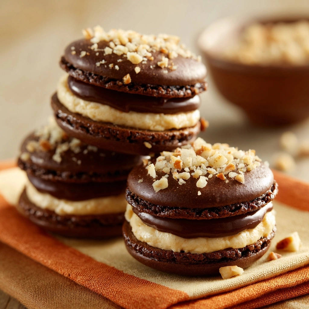 Himmlische Schoko-Karamell-Macarons mit Füßchen, garniert mit gehackten Nüssen und Schokoladenfüllung