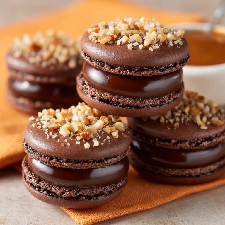 Himmlische Schoko-Karamell-Macarons mit gehackten Nüssen garniert, Nahaufnahme der köstlichen Füllung.