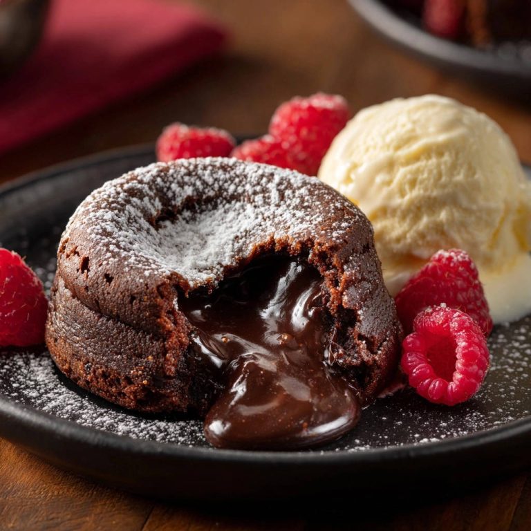 Himmlische Schoko-Lava-Küchlein mit Himbeeren, angeschnitten mit flüssigem Schokoladenkern, serviert mit Eis und Beeren.