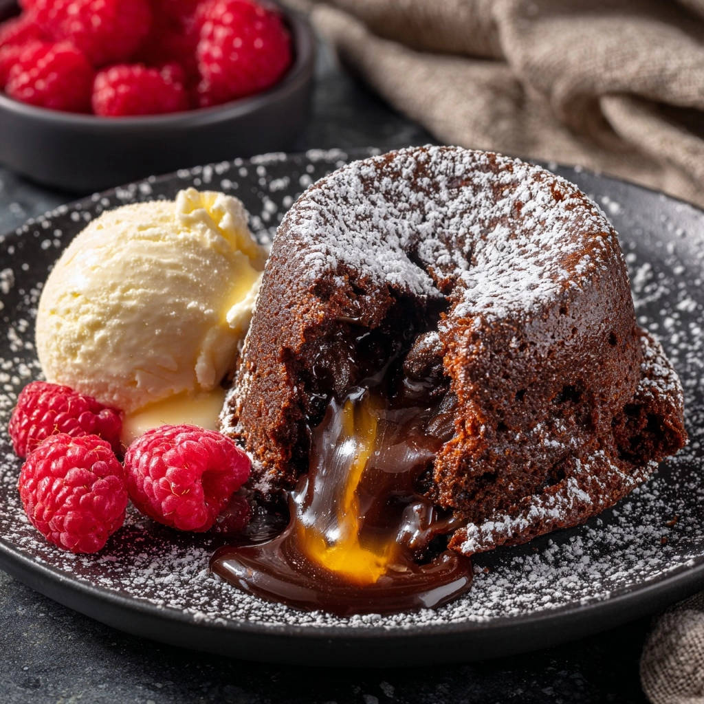Himmlische Schoko-Lava-Küchlein mit Himbeeren, ein angeschnittener Kuchen mit flüssigem Kern und Eis