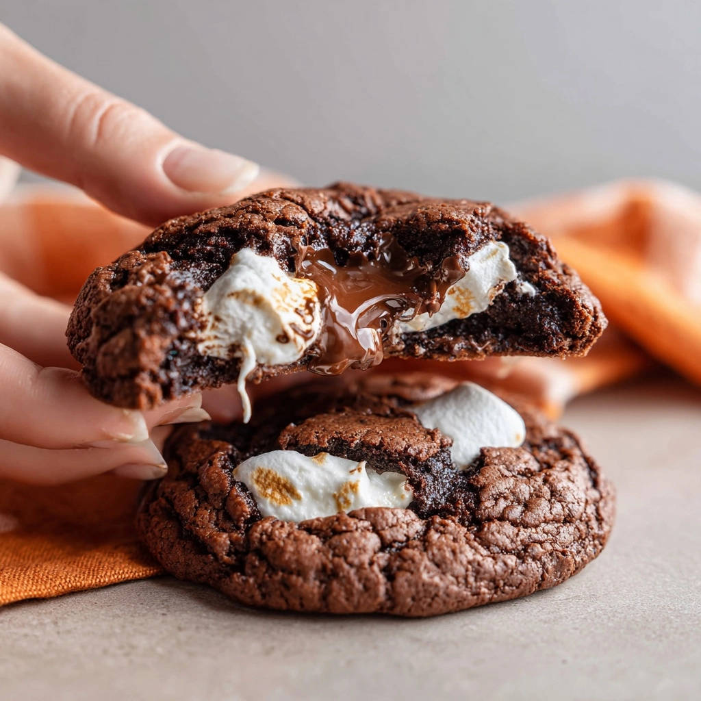 Schoko-Marshmallow-Cookies angeschnitten, die geschmolzene Marshmallow- und Schokoladenfüllung im Inneren sind deutlich zu sehen.