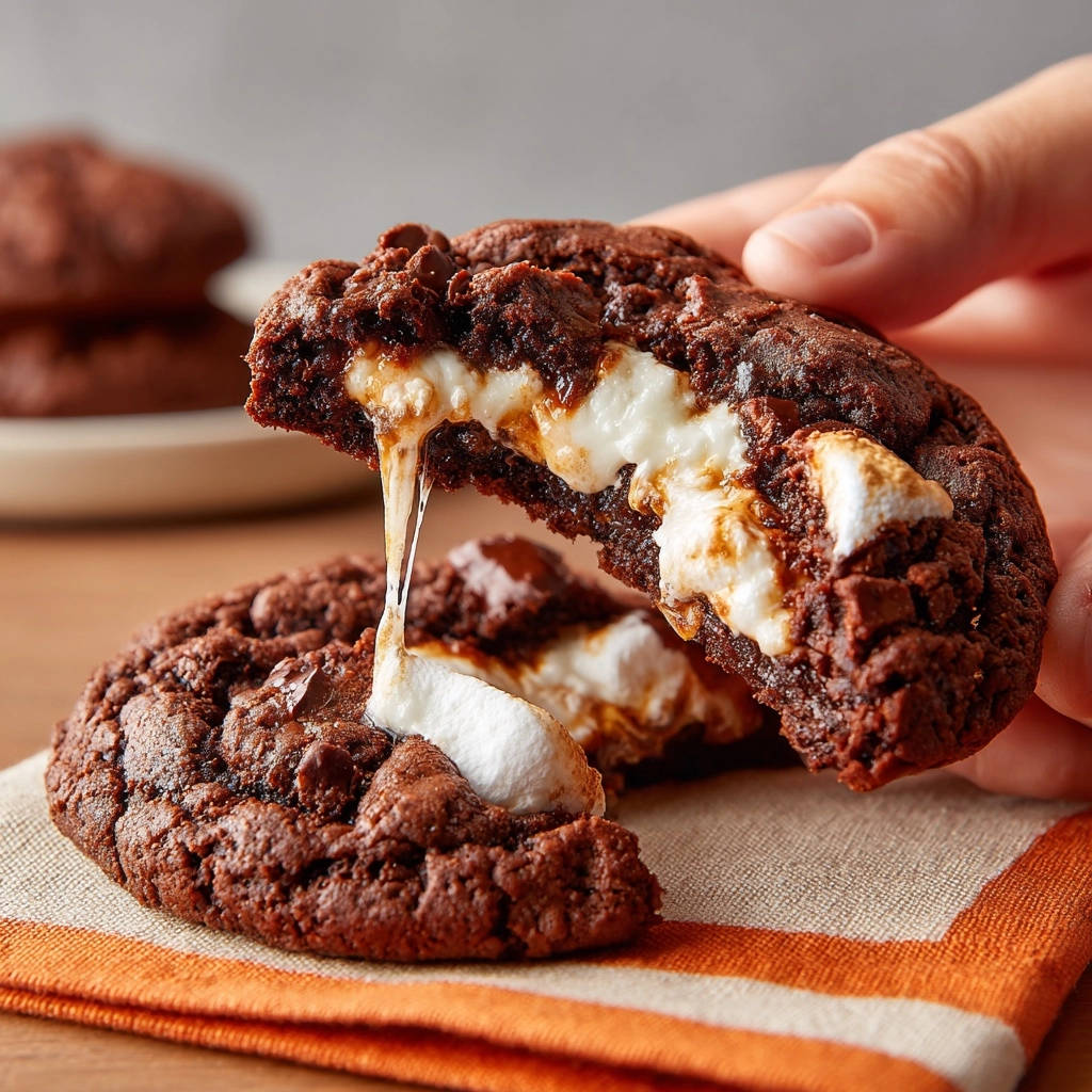 Schoko-Marshmallow-Cookies angeschnitten mit einem unwiderstehlich weichen und ziehenden Marshmallow-Kern, der aus dem Keks fließt.