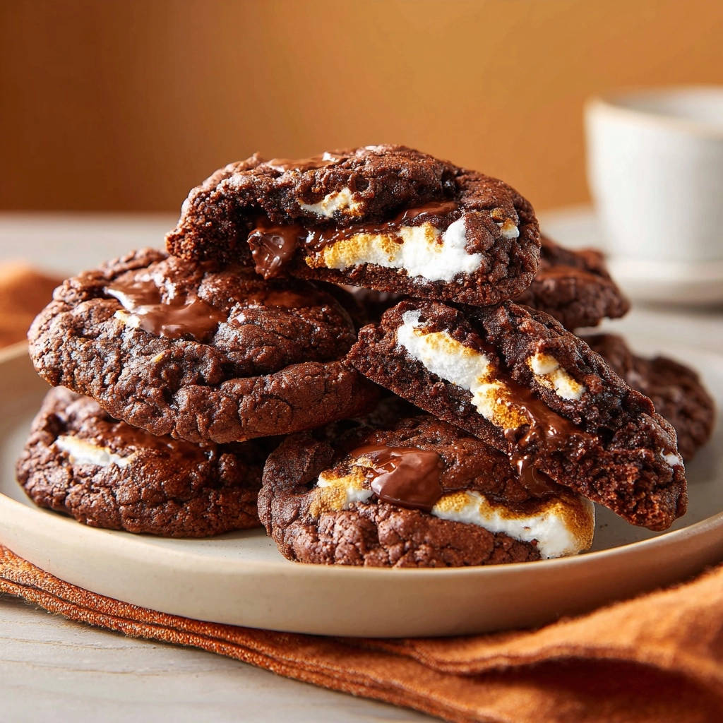 Zartschmelzende Schoko-Marshmallow-Cookies angeschnitten, die geschmolzene Schokolade und Marshmallowfüllung zeigen