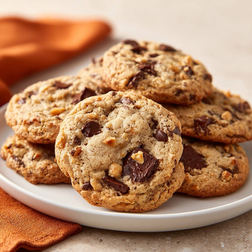 Himmlische Schoko-Nuss-Cookies, gestapelt auf einem weißen Teller, mit einem orangefarbenen Tuch im Hintergrund.