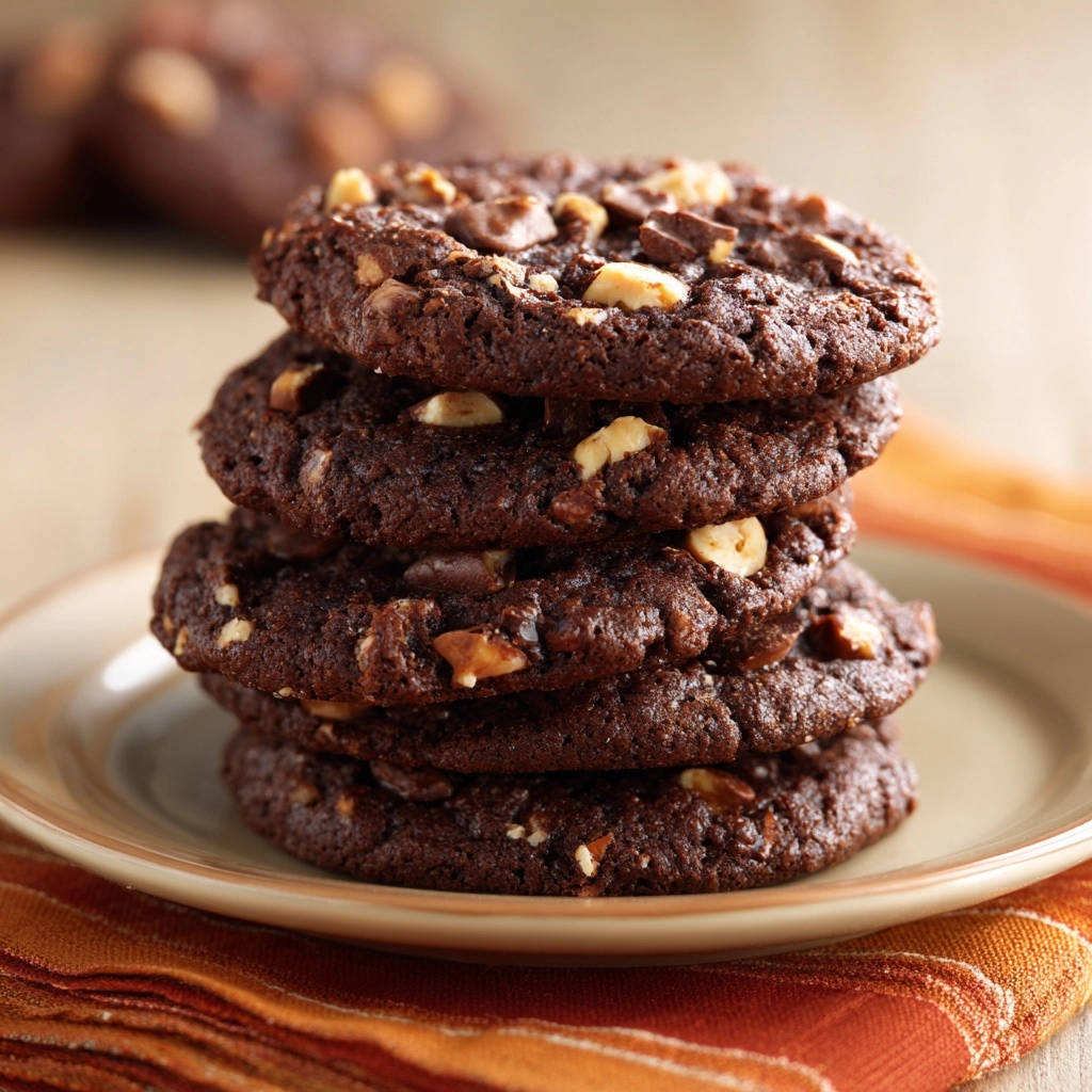 Saftige Schoko-Nuss-Cookies, ein Stapel von fünf auf einem Teller mit Nüssen und Schokostückchen, nahaufnahme