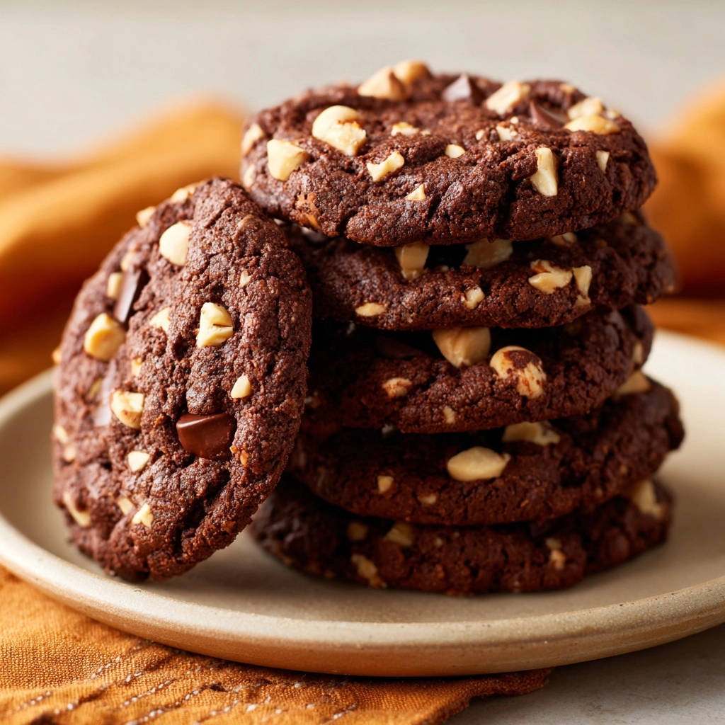 Saftige Schoko-Nuss-Cookies mit Nüssen und Schokostückchen, gestapelt auf einem Teller und nah herangezoomt.