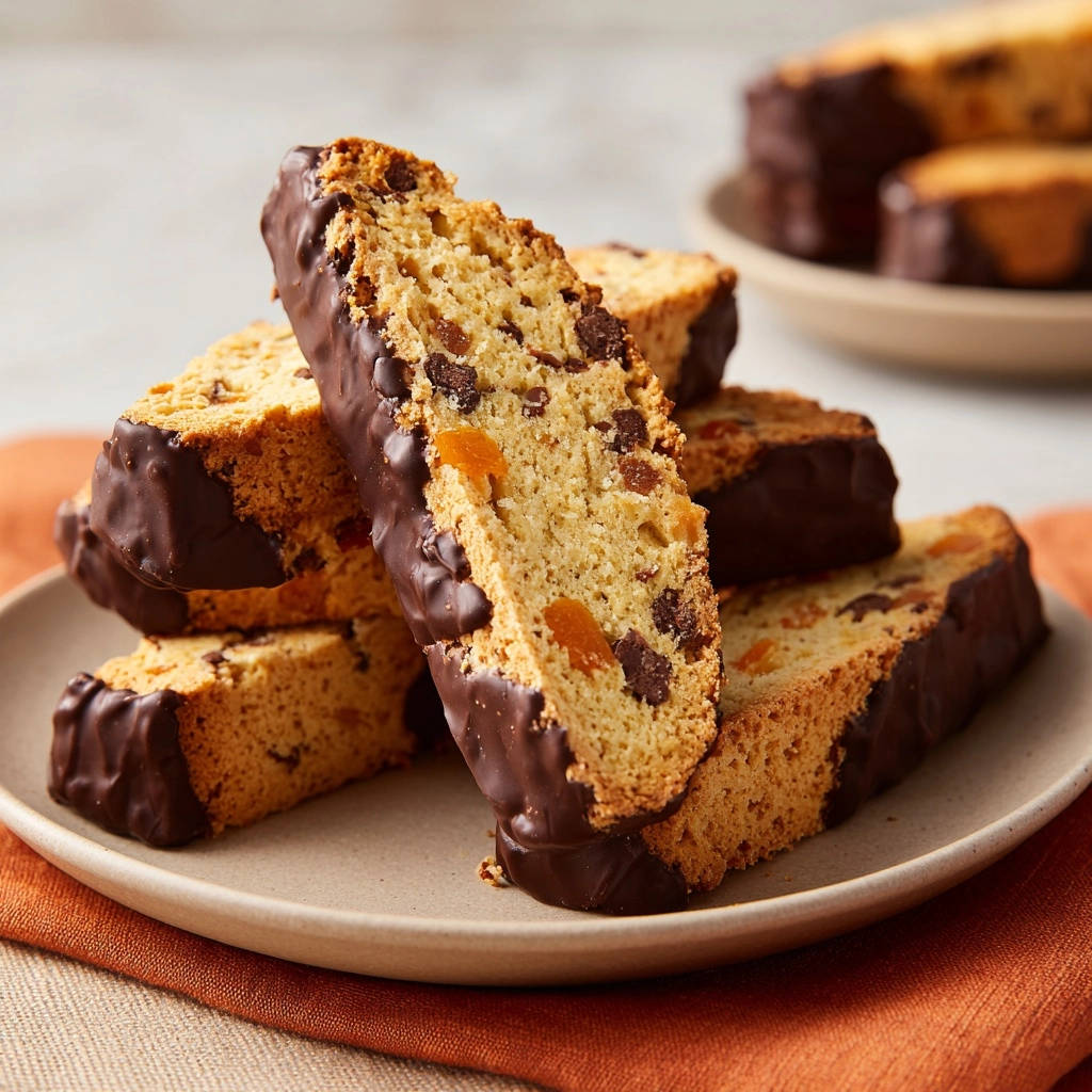 Knusprige Schoko-Orangen-Biscotti mit dunklem Schokoladendip, die auf einem Teller gestapelt sind und eine köstliche Textur zeigen.