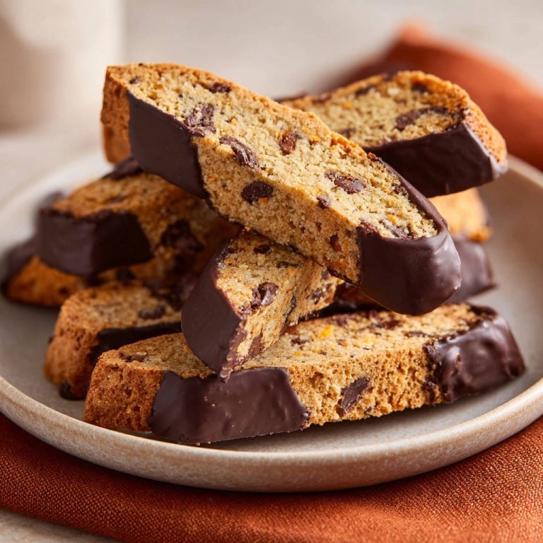 Knusprige Schoko-Orangen-Biscotti mit dunkler Schokoladenglasur, gestapelt auf einem Teller.