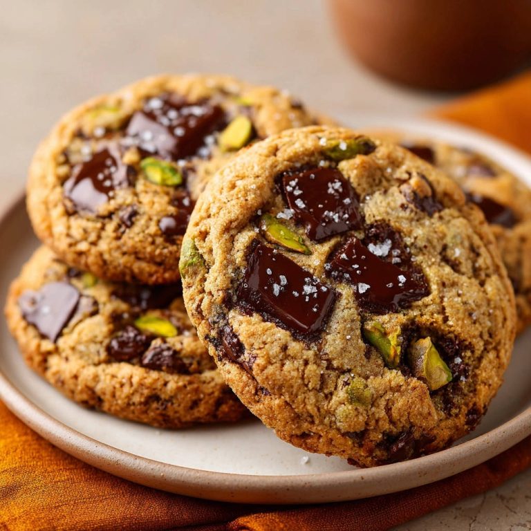 Saftige Schoko-Pistazien-Cookies mit groben Schokoladenstücken und Pistazien, detailnah auf einem Teller mit Meersalz bestreut.