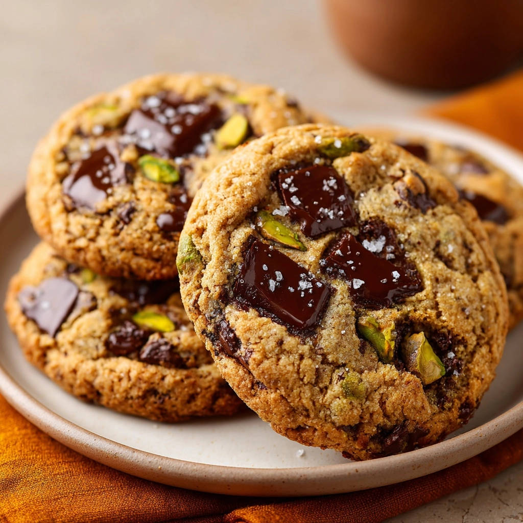 Saftige Schoko-Pistazien-Cookies mit groben Schokoladenstücken und Pistazien, detailnah auf einem Teller mit Meersalz bestreut.
