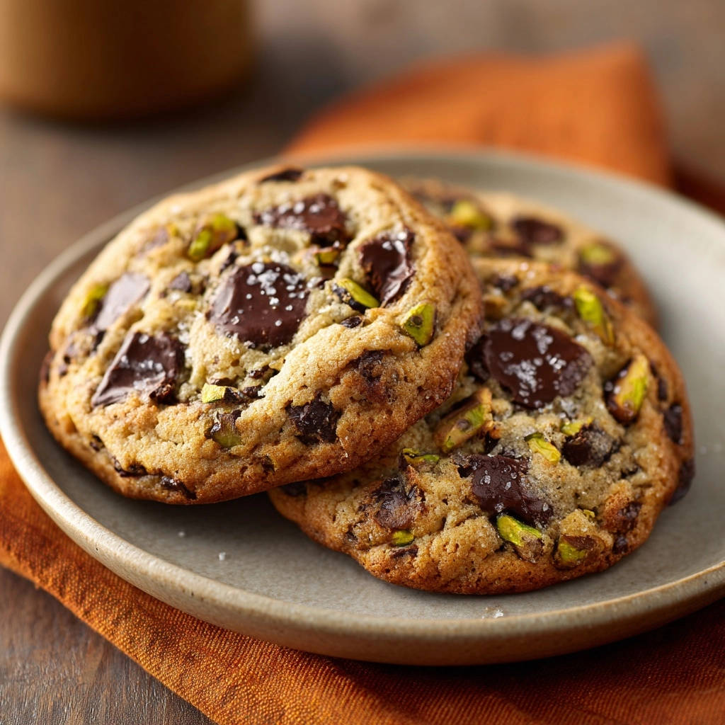 Saftige Schoko-Pistazien-Cookies als Nahaufnahme mit geschmolzenen Schokoladenstückchen und gehackten Pistazien.