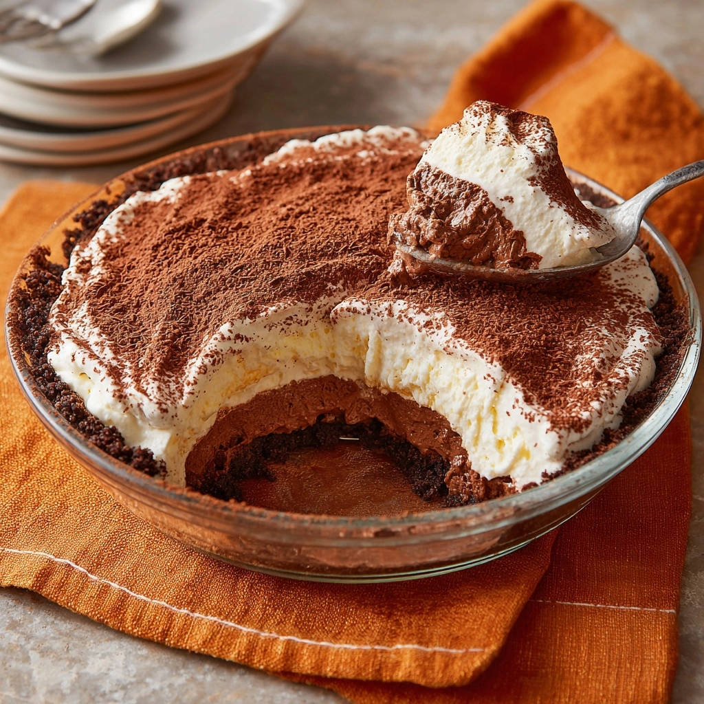 Sahniges Schoko-Schichtdessert angeschnitten mit einem Löffel, der eine Portion zeigt, mit Kakao bestäubt.
