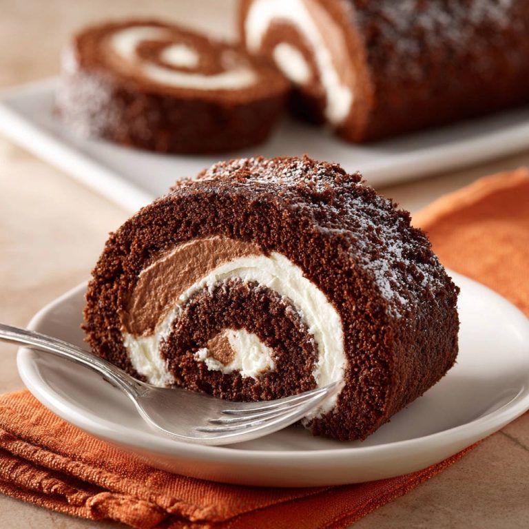 Schokoladen-Biskuitrolle mit Doppelcreme als angeschnittene Portion auf einem Teller mit Gabel und Serviette