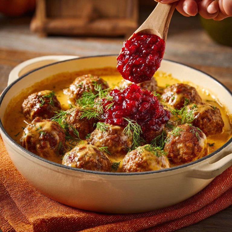 Schwedische Hackbällchen in Rahmsauce mit einem Löffel Cranberry-Topping, das darüber gegeben wird.