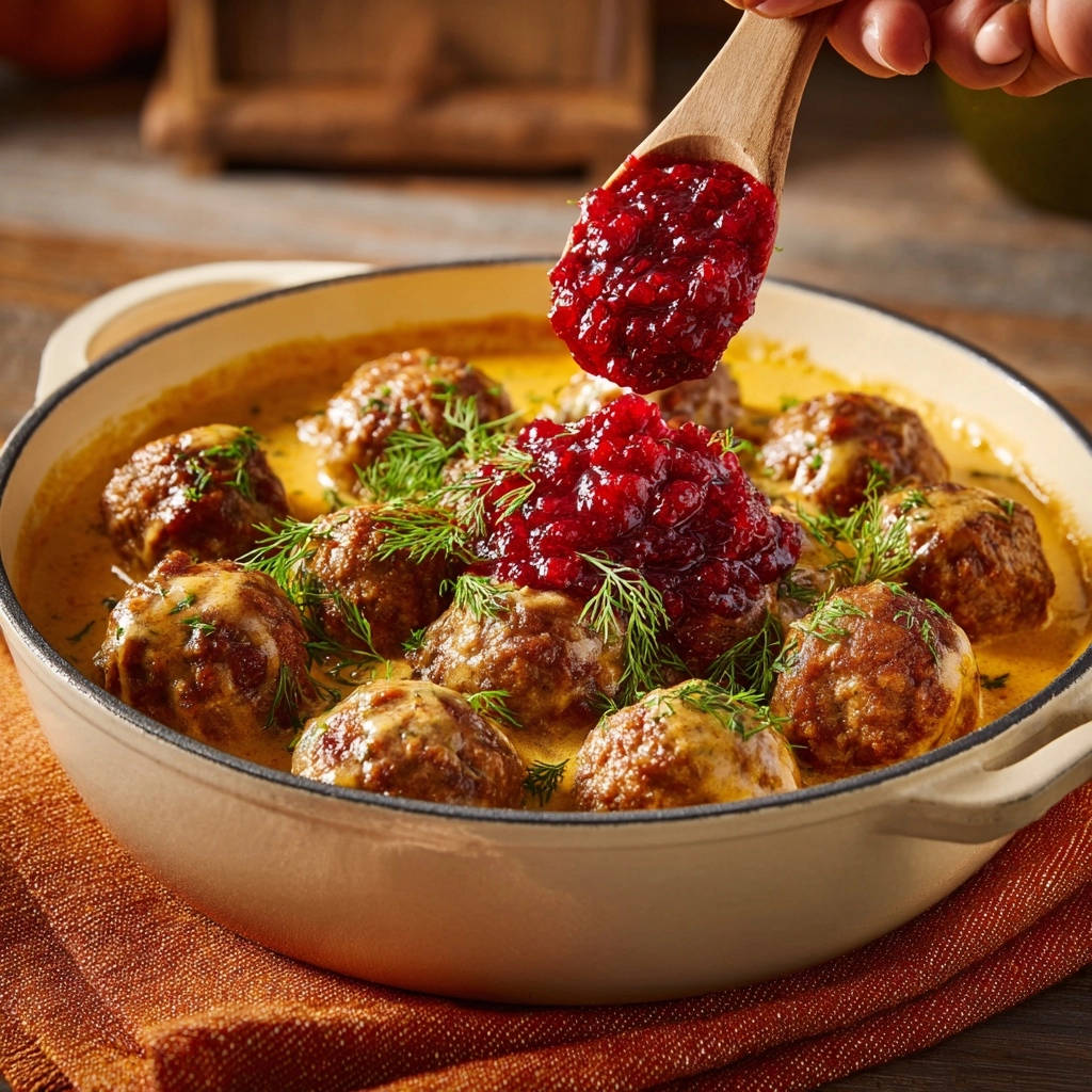 Schwedische Hackbällchen in Rahmsauce mit einem Löffel Cranberry-Topping, das darüber gegeben wird.