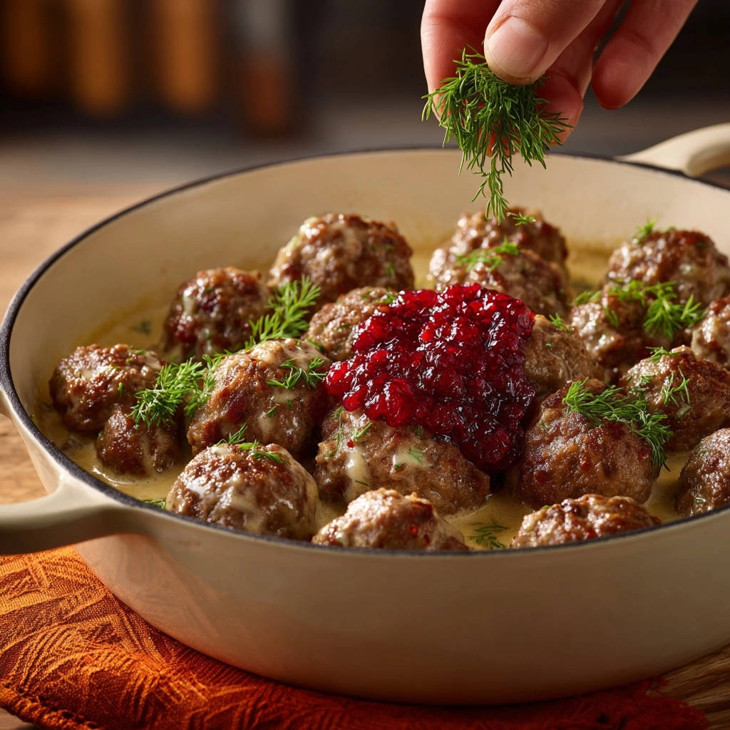 Schwedische Hackbällchen in Rahmsauce, garniert mit frischem Dill und einem Klecks Preiselbeeren, werden in einer Pfanne serviert.