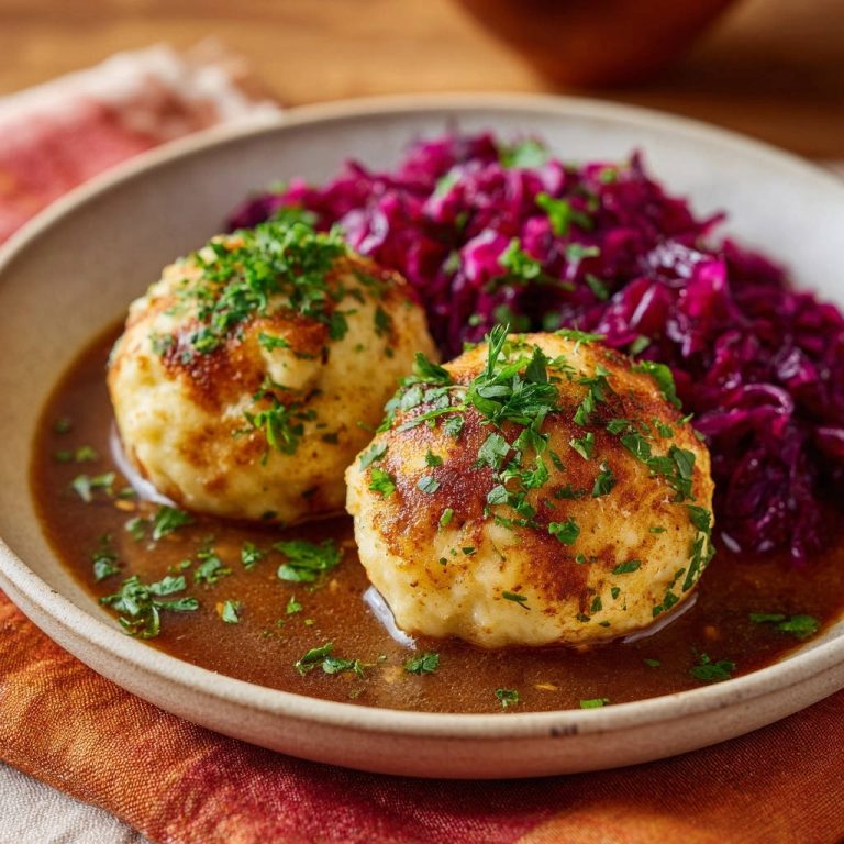 Saftige Semmelknödel mit Rotkohl und Bratensoße, garniert mit frischer Petersilie, nahaufnahme im Teller