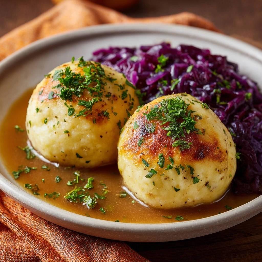 Saftige Semmelknödel mit Rotkohl und Bratensoße, nahaufnahme von den Knödeln in der Soße mit Petersilie garniert.