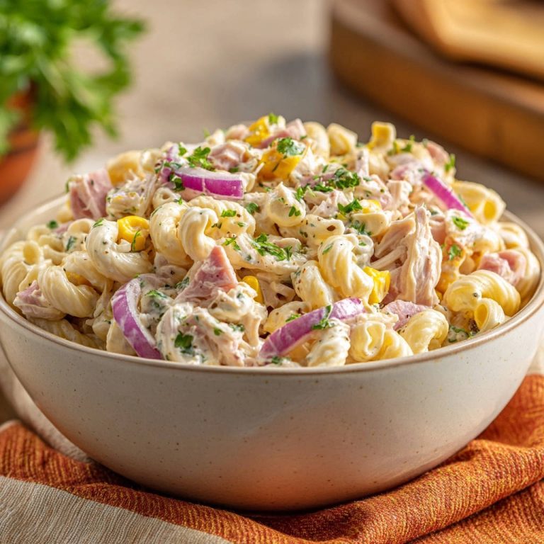 Sommerlicher Hähnchen-Nudelsalat in einer Schüssel, nahaufnahme der cremigen Textur mit Zutaten.