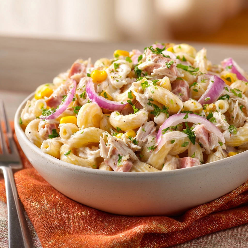 Sommerlicher Hähnchen-Nudelsalat cremig und saftig in einer Schüssel mit roten Zwiebeln und Petersilie garniert.