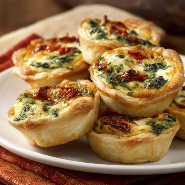 Sonnige Spinat-Tomaten Mini-Quiches nah aufgenommen auf einem weißen Teller, mit sichtbaren getrockneten Tomaten und grünem Spinat.