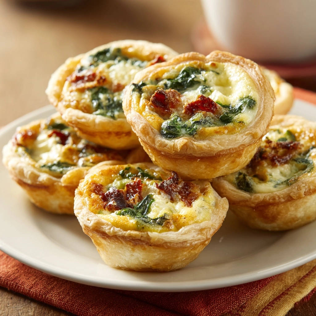 Sonnige Spinat-Tomaten Mini-Quiches als Stapel auf einem Teller in Nahaufnahme mit Speck und Käsefüllung.