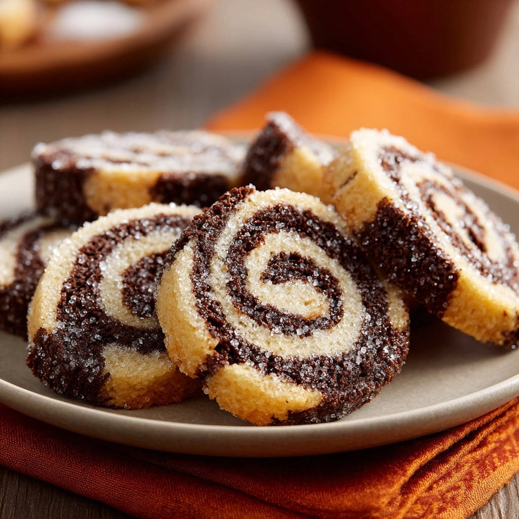 Swirl-Kekse zeigen im Querschnitt ihre perfekten Spiralen, bestreut mit Zucker.