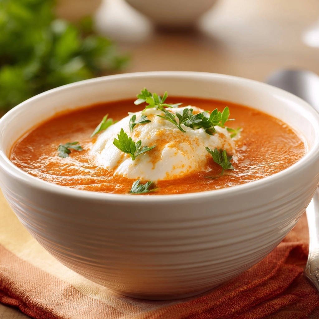 Würzige Tomatensuppe mit pochiertem Ei und frischer Petersilie, garniert und in einer weißen Schüssel serviert.