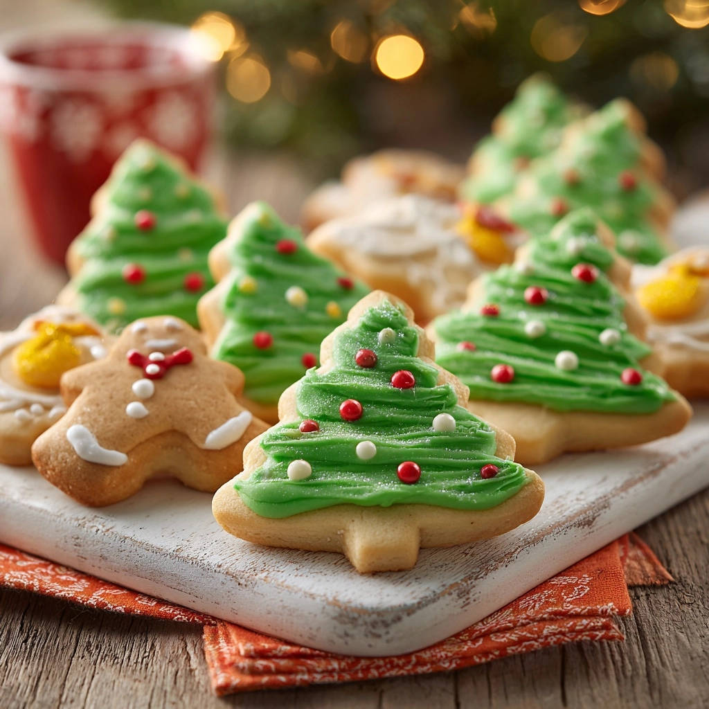 Traditionelle Lebkuchen- und Baumplätzchen, liebevoll dekoriert mit Zuckerguss und Zuckerperlen auf einem Schneidebrett.