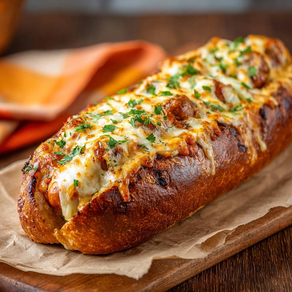 Überbackener Wurst-Genuss im Brot mit geschmolzenem Käse und frischer Petersilie, nahaufnahme des knusprigen Brotes.