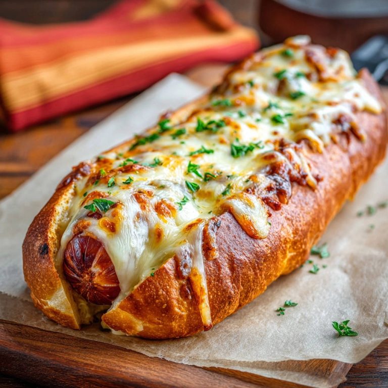 Überbackener Wurst-Genuss im Brot, nah aufgenommen mit geschmolzenem Käse und Petersilie garniert.