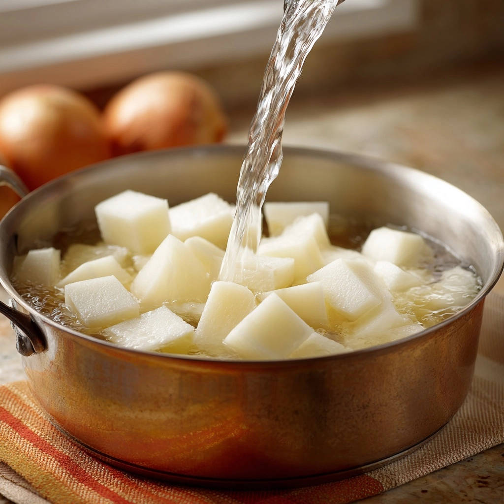 Perfekt vorgekochte Kartoffelwürfel werden in einem Topf mit sprudelndem Wasser übergossen, um die Zubereitung zu zeigen.