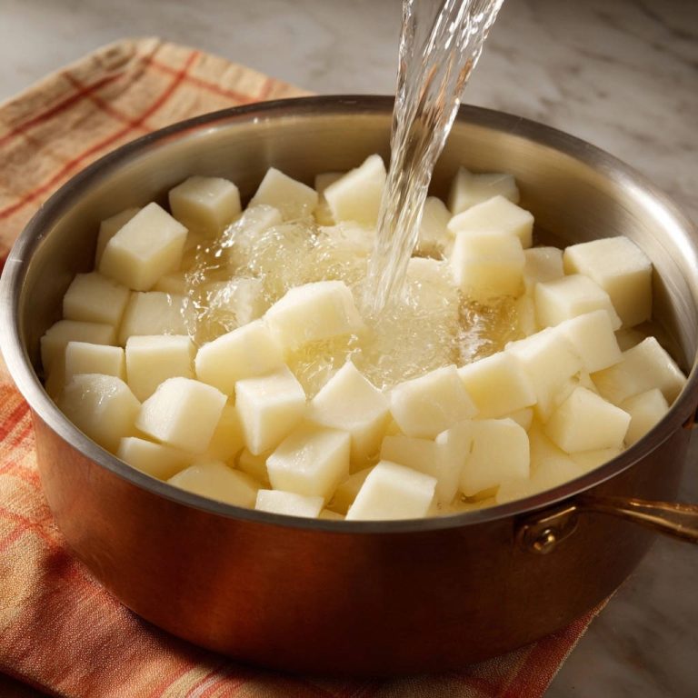 Perfekt vorgekochte Kartoffelwürfel werden in einem Topf mit Wasser übergossen, um das Garen zu beginnen.
