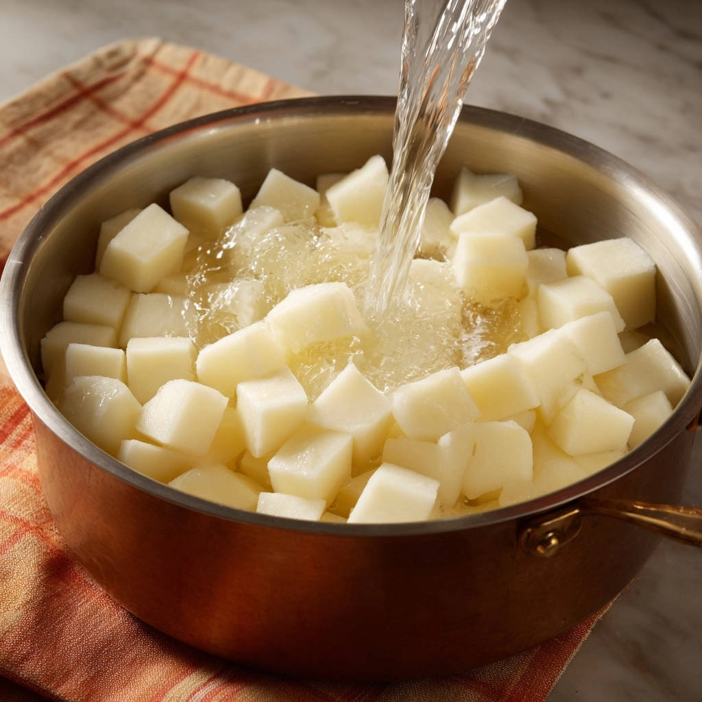 Perfekt vorgekochte Kartoffelwürfel werden in einem Topf mit Wasser übergossen, um das Garen zu beginnen.