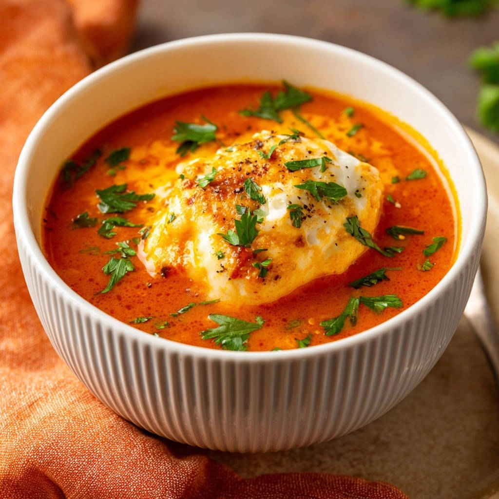 Würzige Tomatensuppe mit pochiertem Ei, detailreiche Nahaufnahme des pochierten Eis mit Petersilie garniert