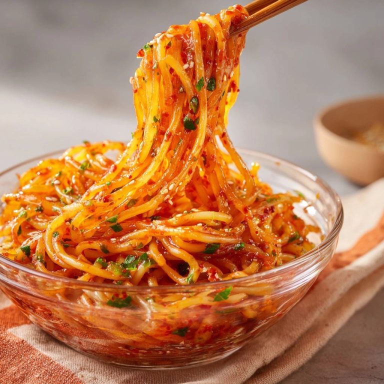 Würziger Glasnudelsalat mit Chiliöl, der mit Stäbchen aus einer Glasschüssel genommen wird, mit Fokus auf die Textur und Sauce.