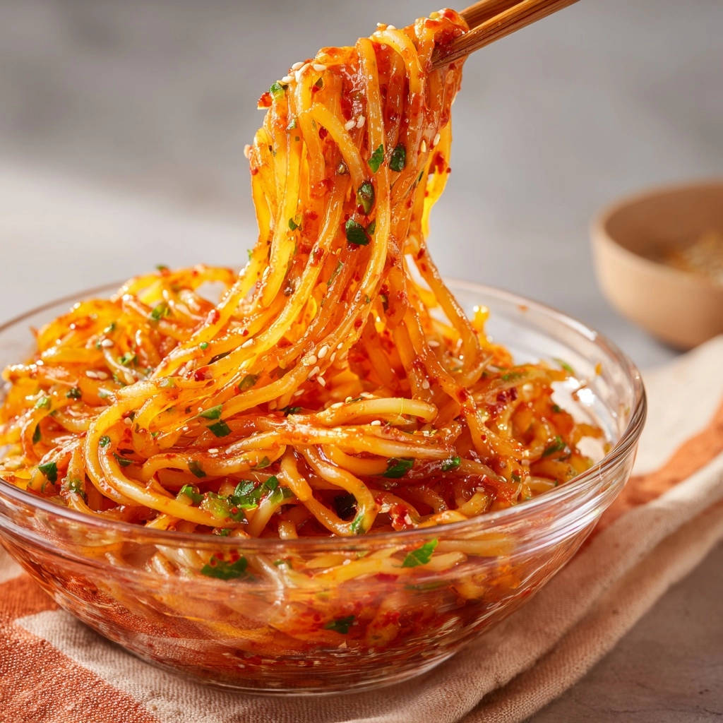 Würziger Glasnudelsalat mit Chiliöl, der mit Stäbchen aus einer Glasschüssel genommen wird, mit Fokus auf die Textur und Sauce.