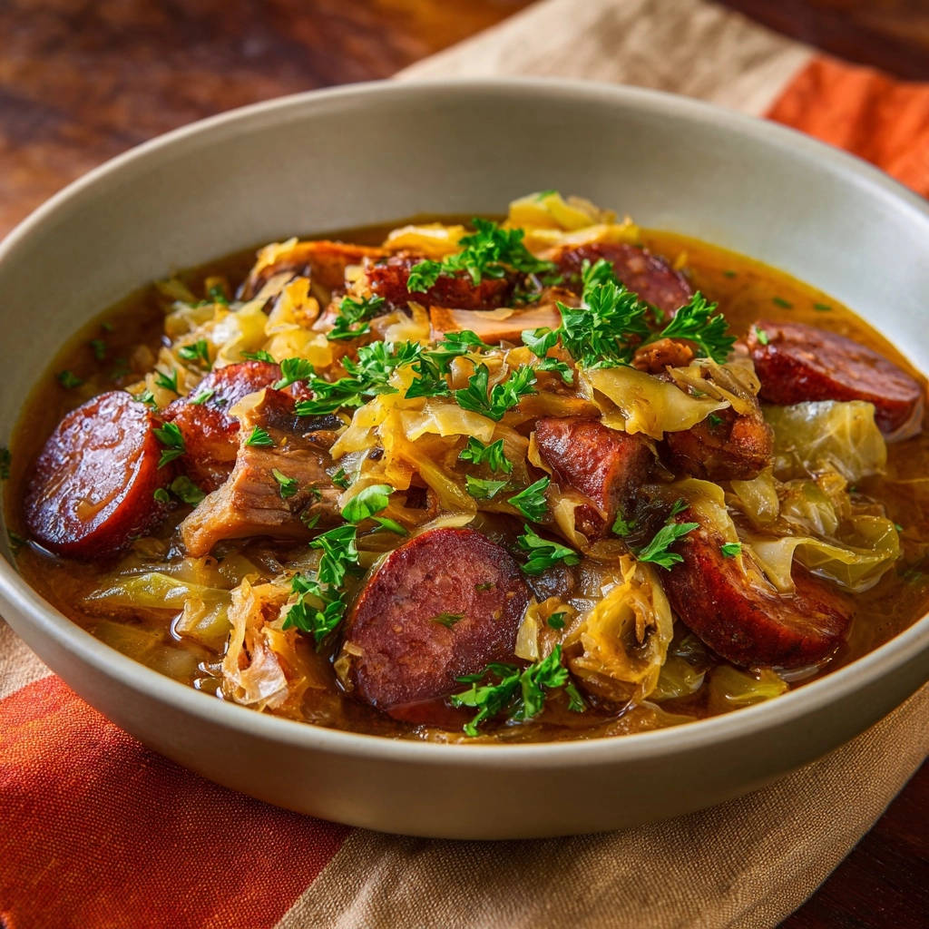 Deftige Wurst-Kraut-Pfanne mit Pilzen, im Detail mit frischer Petersilie garniert in einer Schüssel serviert.