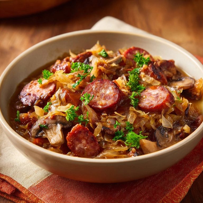 Deftige Wurst-Kraut-Pfanne mit Pilzen in einer Schüssel, Nahaufnahme mit Petersilie garniert.
