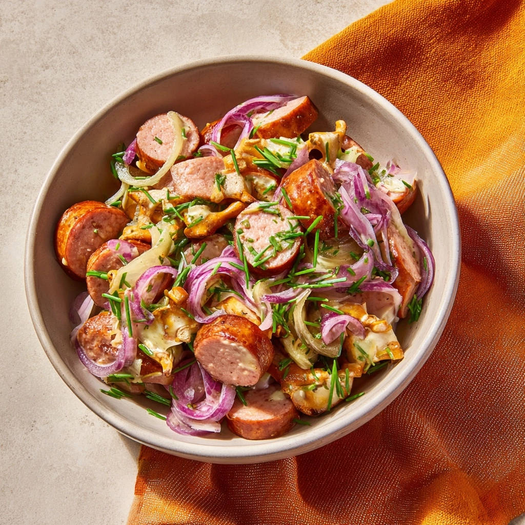 Herzhafter Wurstsalat mit Brezel-Crunch, nahaufnahme der geschnittenen Wurst, roten Zwiebeln und Kräutern in einer Schüssel.