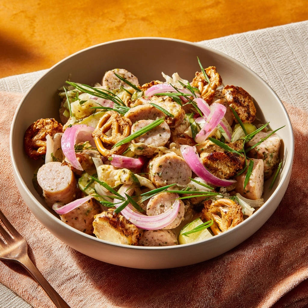 Herzhafter Wurstsalat mit Brezel-Crunch, nahaufnahme der Wurstscheiben, roten Zwiebeln und Brezelstücken in einer Schüssel.
