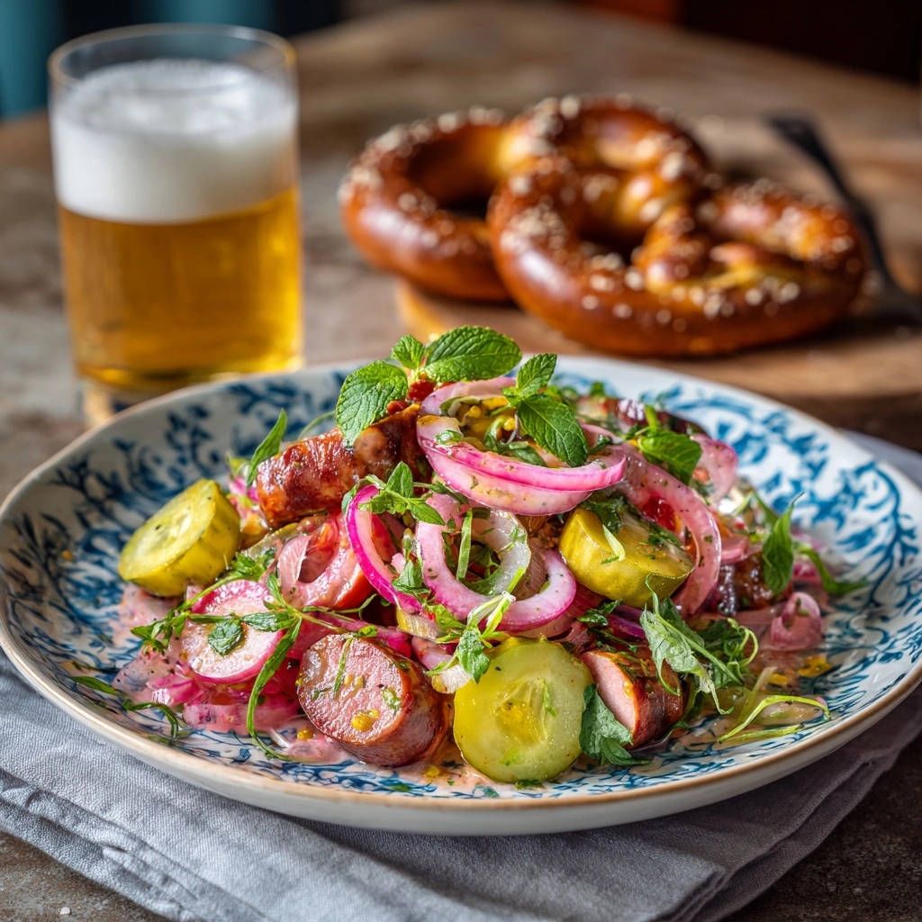 Frischer Wurstsalat mit feiner Kräuternote, serviert auf einem blau-weiß gemusterten Teller neben Bier und Brezeln.